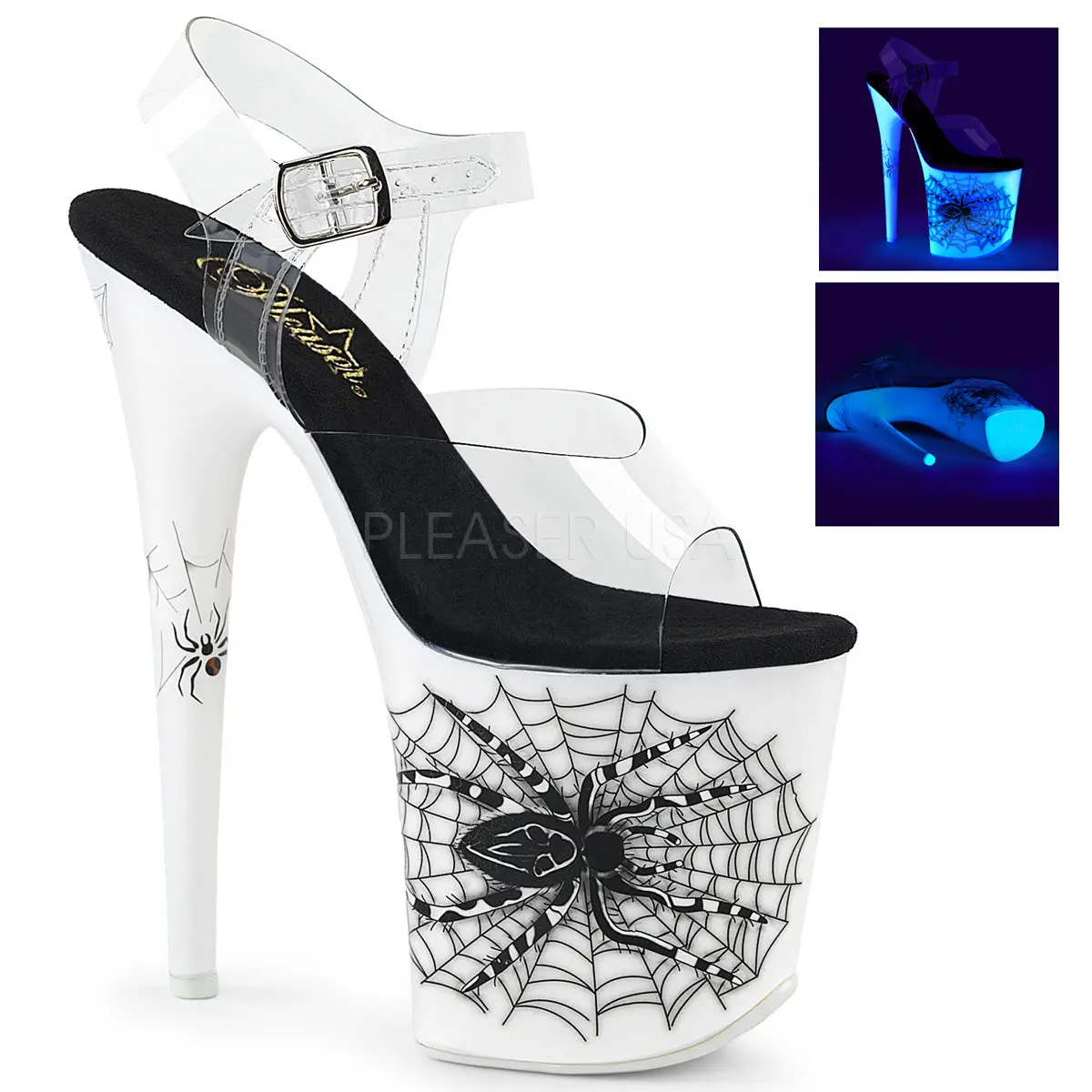 Gothic Fashion Footwear, Spider Web Platform Sandals with 8-in Heel, Blacklight Reactive Ankle Strap for Performers, FLAMINGO-808SW Neon White, High Heels, Women, Pleaser, Platform Heels, Spider Web Design