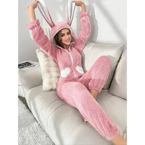 Women's Heart Pattern 3D Rabbit Ear Design Loung Hooded Onesie, Cute Zipper Long Sleeve Sleepwear, Casual Comfy Sleepwear for Fall & Winter