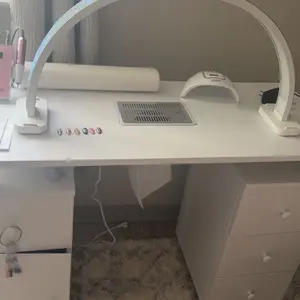 OmySalon Manicure Table Nail Desk for Nail Tech, Nail Table Station w/Electric Dust Collector, Nail Makeup Beauty Salon Storage Acetone Resistant w/Lockable Wheels,Wrist Cushion,4 Drawers&Cabinet