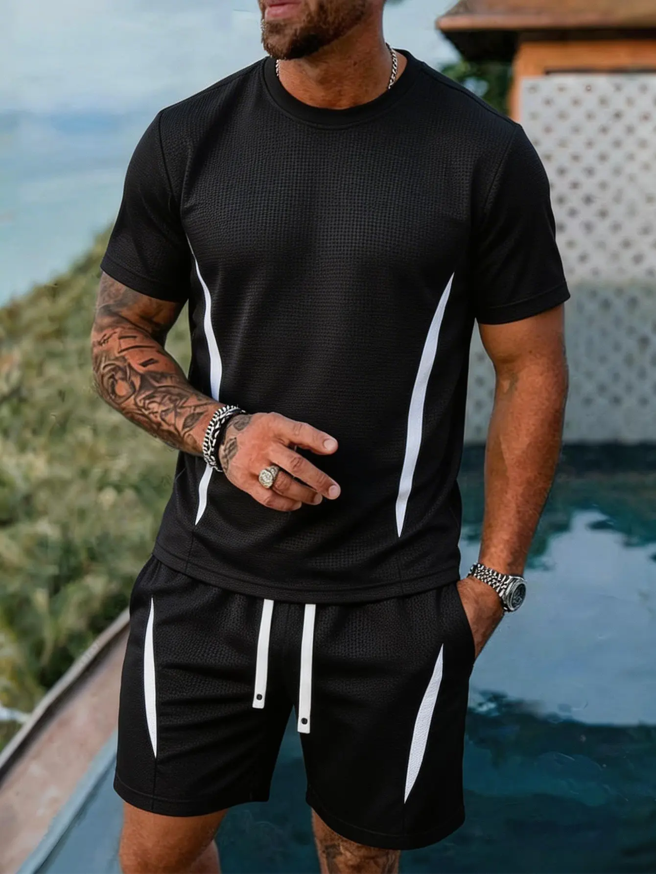 Mens Waffle Textured Two Piece Short Set Short Sleeve Crewneck Top Drawstring Shorts Matching Outfit Contrast Panel Athletic Set Summer Gym Beach Vacation Resort Streetwear Lounge Casual Party Travel Everyday Wear Outdoor Poolside Modern Sporty Outfit Fit