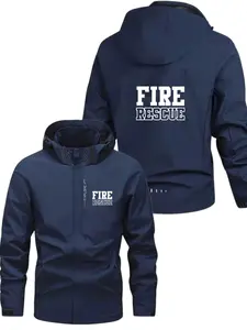 Men's Lightweight Polyester Fashion Hooded Jacket, Fire Rescue Letter Print, Front Zipper, Casual Outdoor Spring Summer Coat