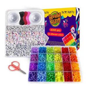 4000+Pcs Pony Beads Bulk, 6*9mm| Friendship Bracelet Making Kit with Assorted Color Plastic Beads in 2 Storage Boxes with 20m Crystal, 30m Elastic String, 3X Braided Ropes & Scissor| Ideal for Jewelry