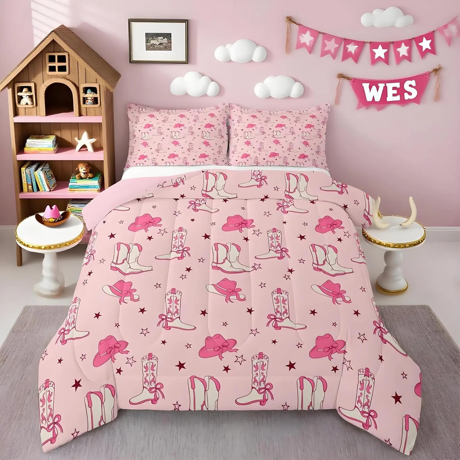 Western Cowboy Bedding Set Soft,Rodeo Cowboy Style Comforter Set Pink Hat Boot Duvet Quilt Microfiber Bedroom Decor