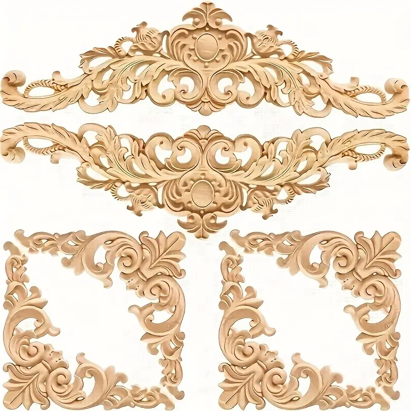 6-Piece Handcrafted Wooden Wall Decals, Unpainted Recycled Wood Carved Corner Stickers, DIY Home Decor, Furniture Accents, Office Wall Art, European Style, Wood Design