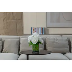 2-pack 13" Tall Faux White Peony and Rose bouquet in Circular Vase | Real touch flowers in a glass vase