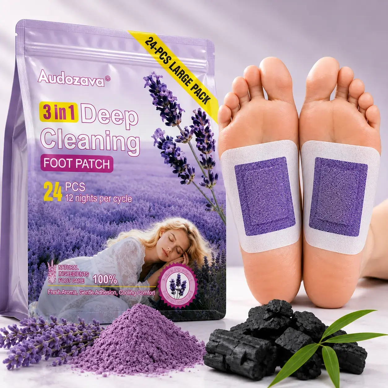 24PCS Natural Ginger & Lavender Deep Cleansing Foot Patches, Herbal Foot Pads Relieve Fatigue, Boost Circulation & Improve Sleep, Foot Odor Care for Men Women