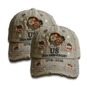 2pcs/1pc Light Blue Baseball Cap with Distressed Thick-knit Edges and Openwork Floral Fabric, Embroidered "American 250th Anniversary 1776-2026", and American Flag Applique - Casual Country Patriotic American Celebration