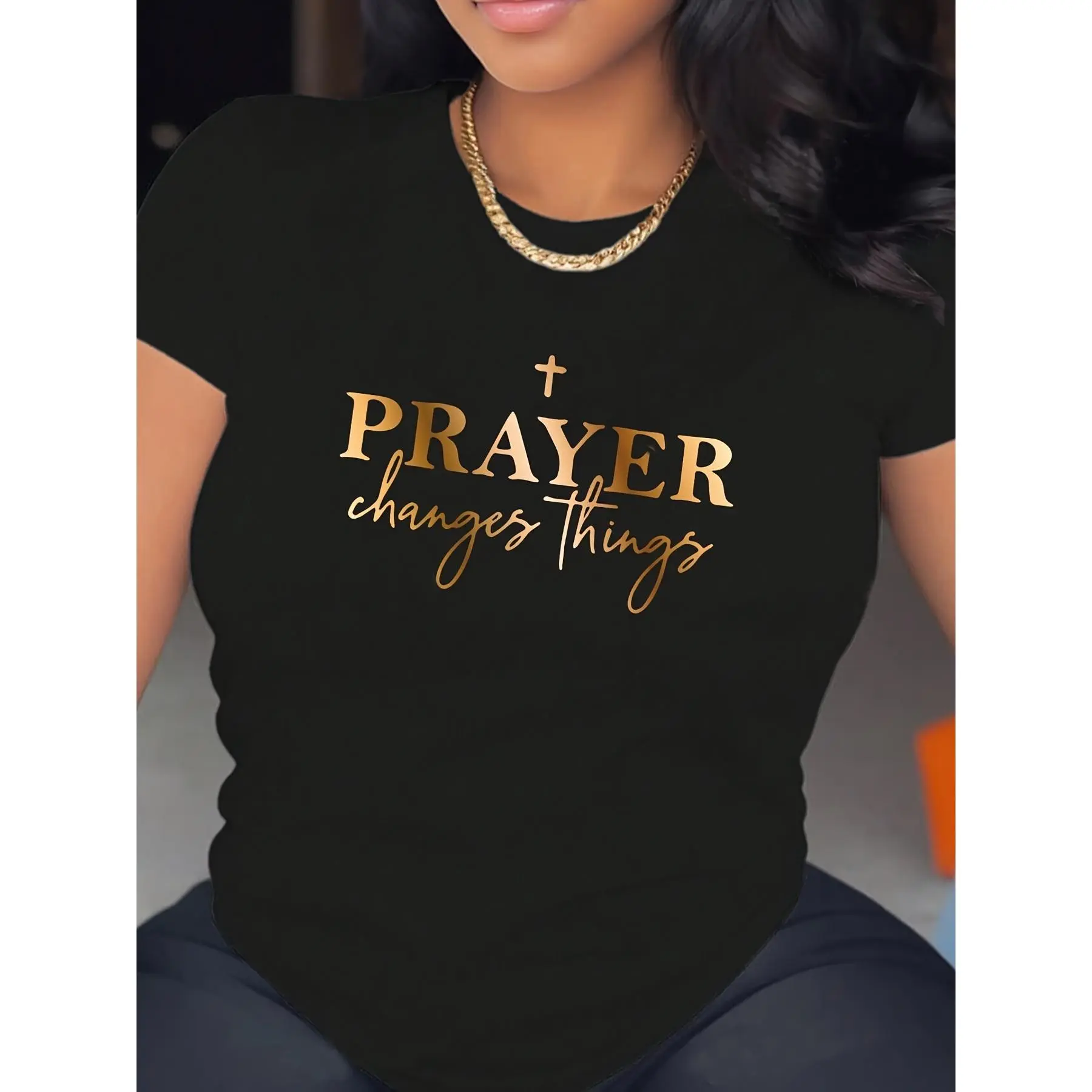 Women's Casual Letter Print T-Shirt, Oversized Cotton Short-Sleeve Tops, Breathable Light Everyday Basics for Summer Streetwear