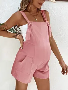 XWUON Maternity Summer Minimalist Solid Color Double Pocket Backless Jumpsuit