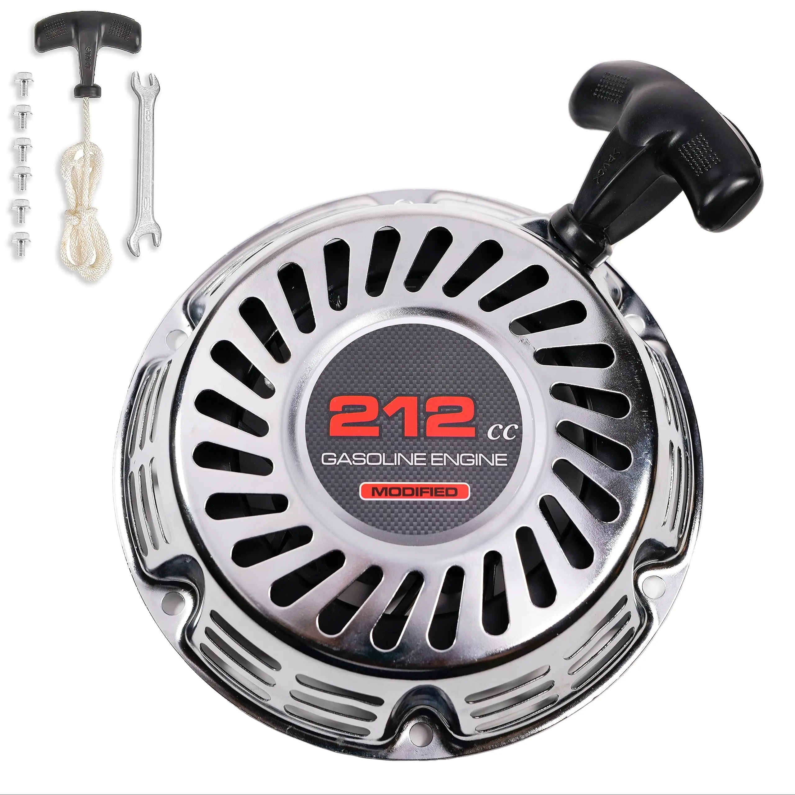 JMCHstore Brilliant Chrome Pull Start Recoil Starter Assembly with Improved Handle & Cord Design, Low Starting Resistance for Predator 212, Coleman B200R CT200U EX 200cc Mini Bike, KT196 Go-Kart, Honda 6.5HP GX160, Hisun 196cc Engine, Tao Motor