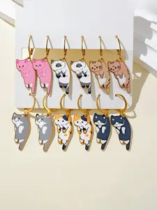Cute Cat Pattern Alloy Earrings Set, 12 Pcs Women's Kawaii Style Ear Clips, Adorable Girls' Fashion Accessories, Wearable Jewelry
