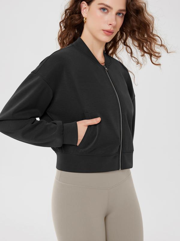 ODODOS Modal Soft Full-Zip Bomber Jacket for Women Long Sleeve Casual Fall Outfit Crop Top with Pockets