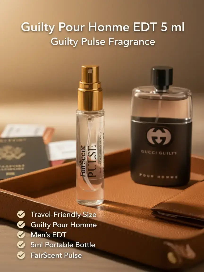 FairScent Pulse Guilty Pour Homme Men's EDT Fine Mist Spray - Disposable Mini Travel Everyday Luxury Fresh Clean Scent Fragrance, 5ml/0.17oz, Disposable Mini Travel Men's Fragrance, Everyday Luxury Men's Fragrance