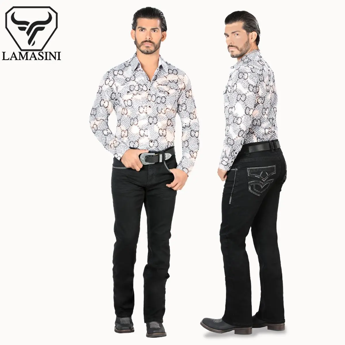 Lamasini LAM1867 Black Premium Denim Embroidery Jeans with Modern Boot Cut, High Quality Cotton, Button Closure, Western Style Classic Menswear