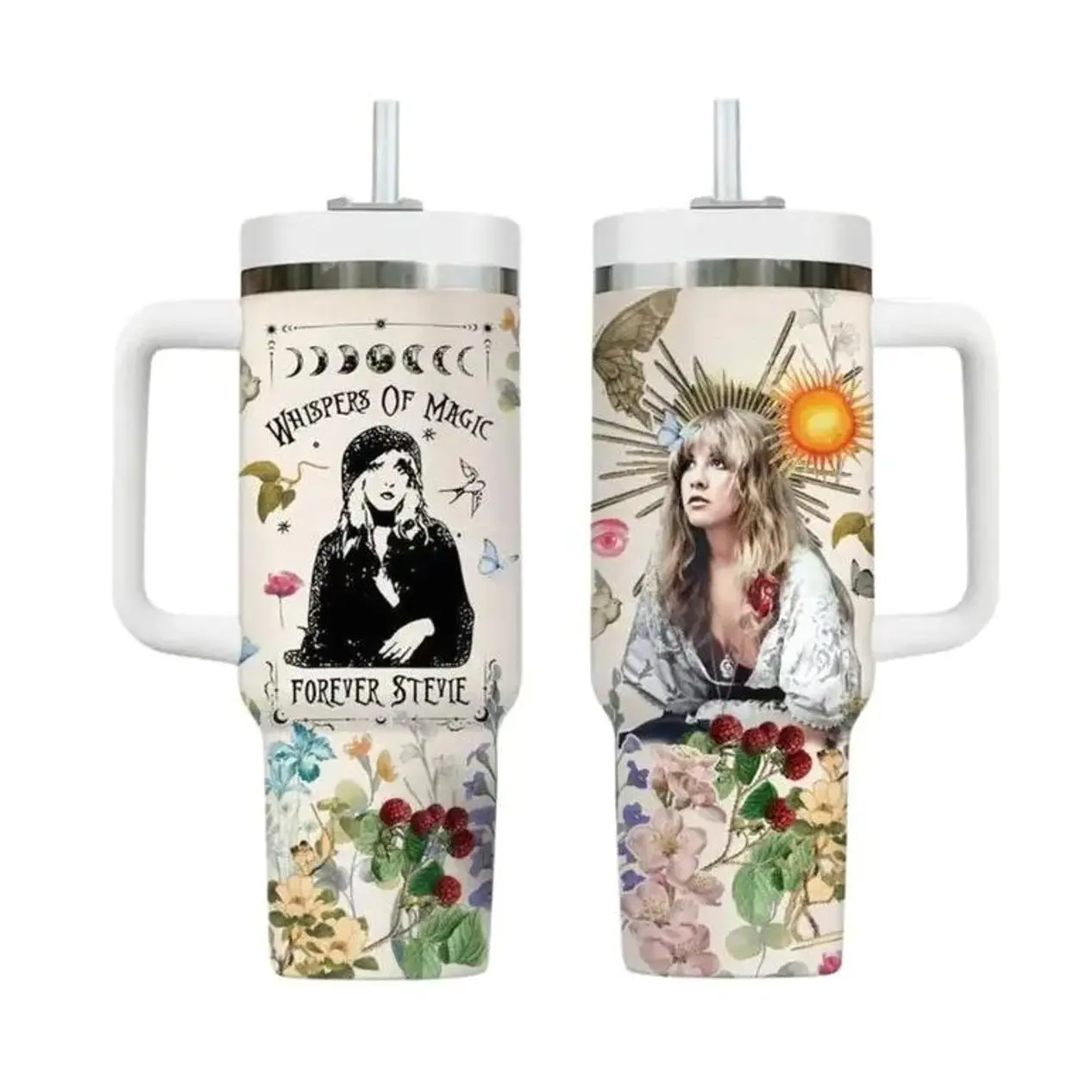 Stevie Nicks Tumbler 40oz Handle Mug, Sister of the Moon Gift, Fleetwood Mac Fan Cup, Retro Witchy Hippie Goth Aesthetic Water Bottle, 40oz Insulated Tumbler with Handle, Heavy Duty Stainless Steel Cup with Straw