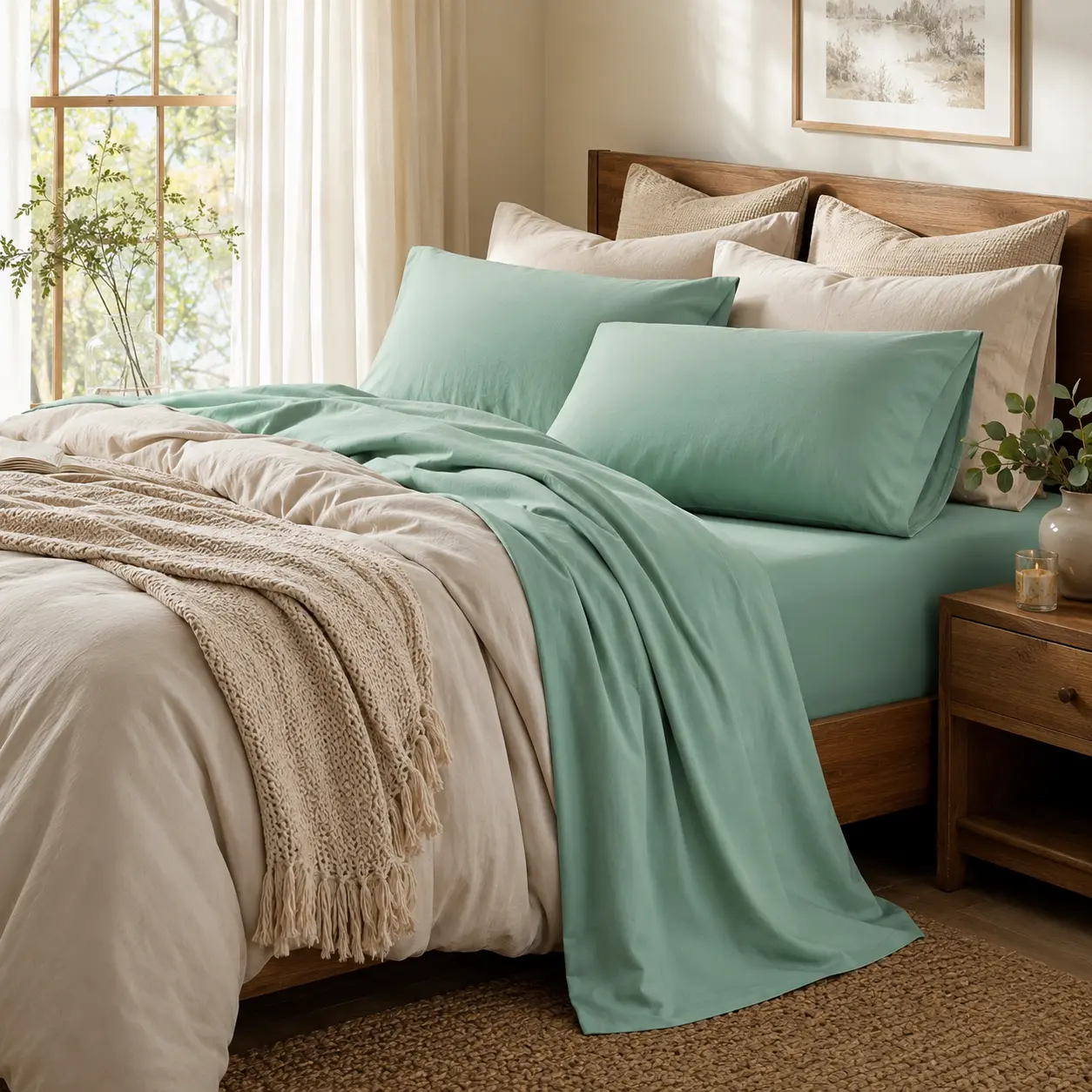 4 Pcs Breathable & Cooling Bed Sheet Set, Bedding Set with Lightweight, Sheet Set 100% Washed Cotton Linen with Fitted, Flat and Pillowcases, Anti-Tear, Cooling Bedding, Breathable, Machine Washable, 16 in Deep Pocket, Environmentally