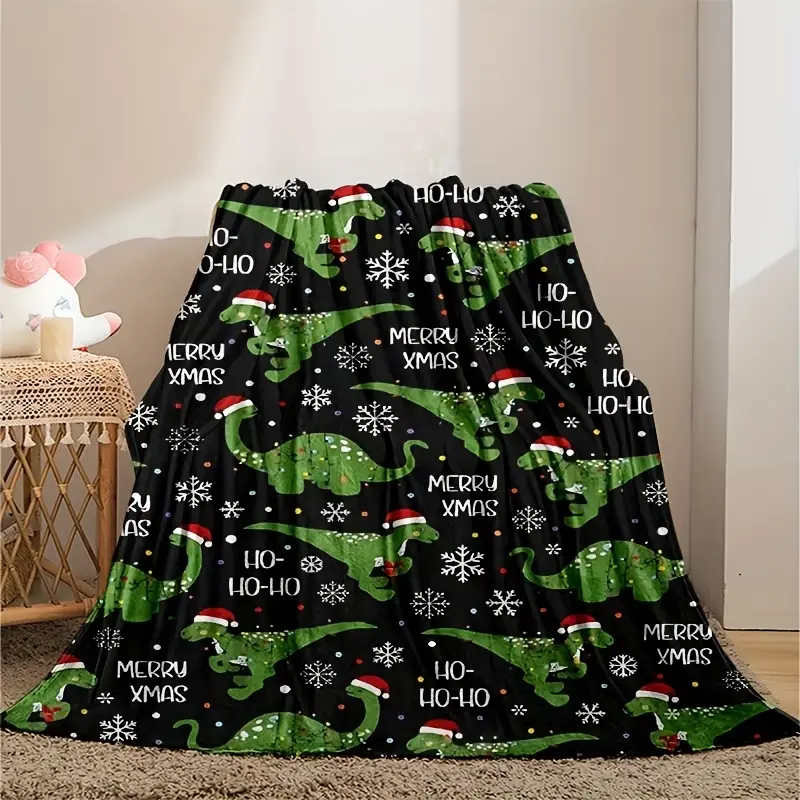 Festive Christmas Dinosaur Fleece Throw Blanket - Dinosaur Pattern Throws, Soft, Warm - Ideal Gift for Dino Lovers
