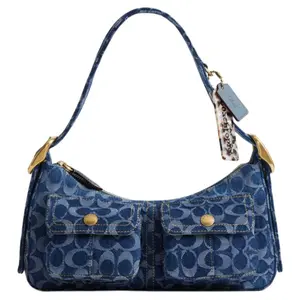 Coachtopia Large Denim Fabric Shoulder Tote Bag with Gold Hardware for Women