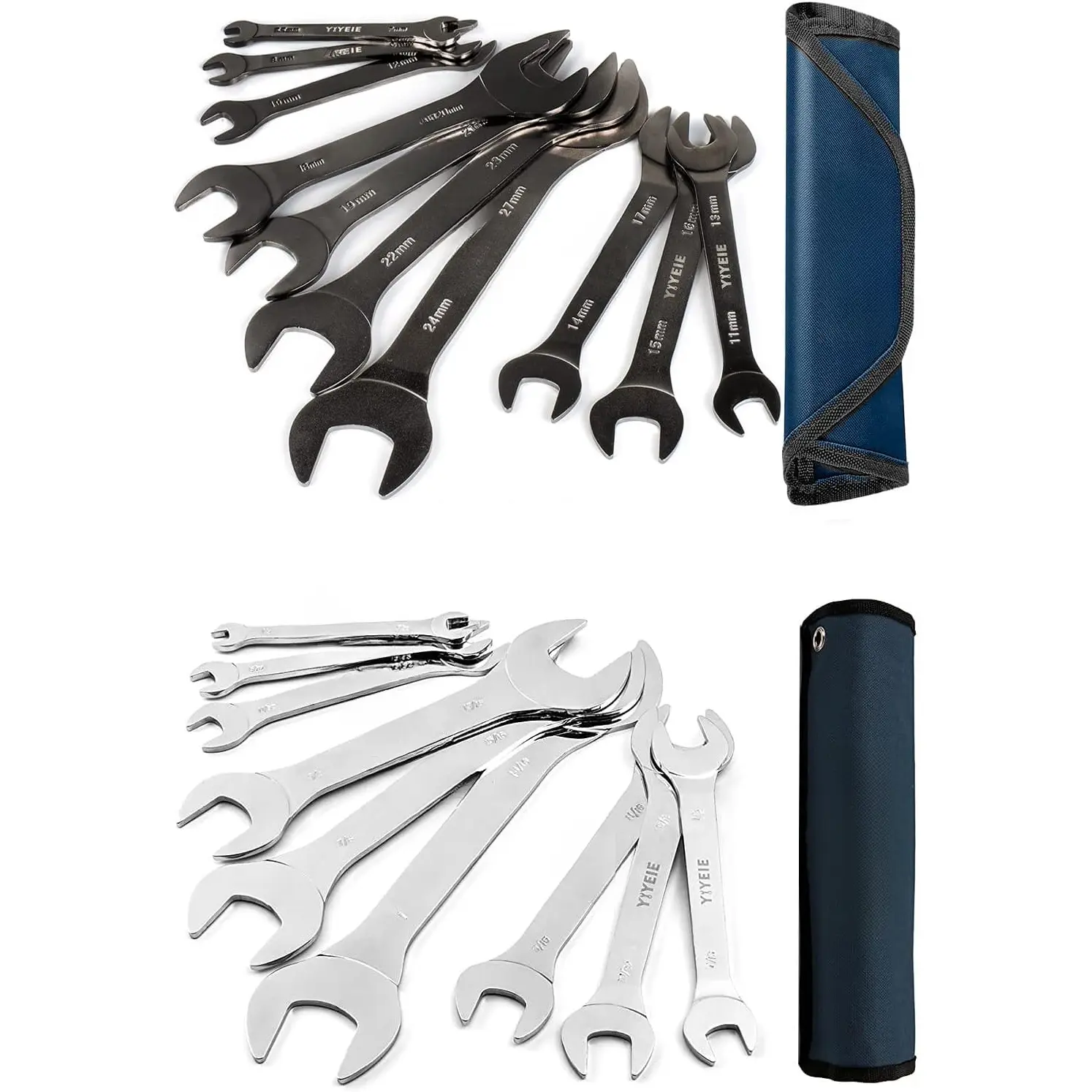 19 count Super-Thin Open End Wrench Set Bundle, 10 count Metric and 9 count SAE, 5.5mm to 27mm & 1/4" to 1-1/16", Nickel /Mirror Polish, with Rolling Pouch