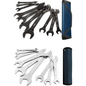 19 count Super-Thin Open End Wrench Set Bundle, 10 count Metric and 9 count SAE, 5.5mm to 27mm & 1/4" to 1-1/16", Nickel /Mirror Polish, with Rolling Pouch