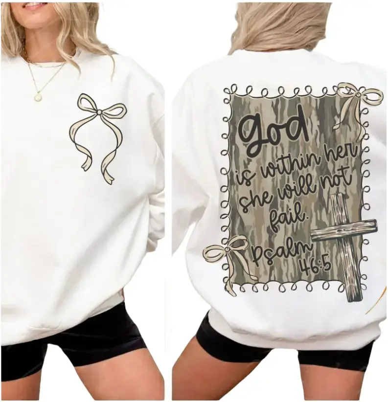 Women's Vintage Mama Sweatshirt, Loose Fit Cotton Blend Long Sleeve with Checkered Camo and "God is Within Her" Psalm 46:5 Graphic