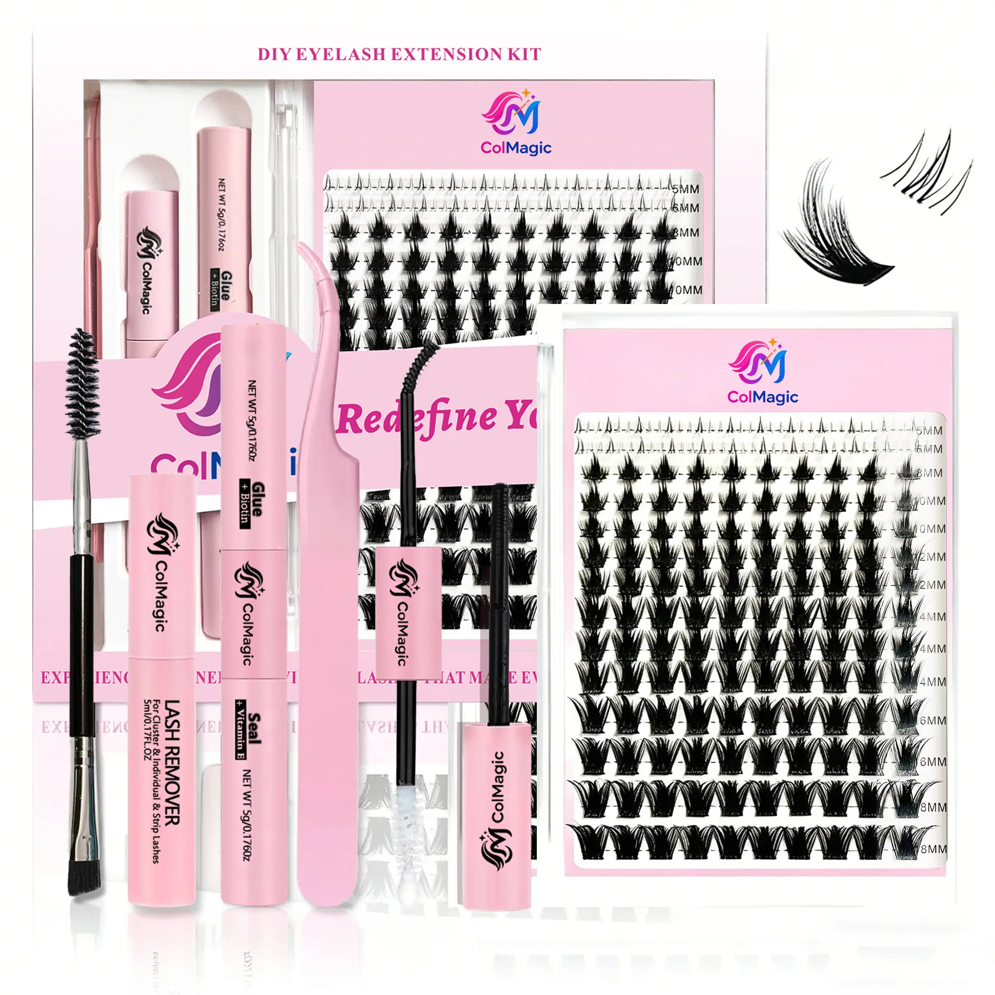 Flawless Cosmetic DIY Eyelash Set, At-Home Eyelash Extensions Kit with Natural Wispy C-Curl Cluster Lashes (5-18mm Mix), Waterproof Bond & Seal Glue, Remover, Tweezers, Hypoallergenic Lightweight for Adults