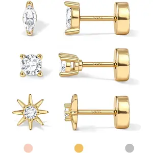 THE WELL KEPT 14K Gold Plated Solid 925 Sterling Silver Post Flat Back Earrings Stud|     Cartilage Helix Conch Tragus Piercing Jewelry 3 Pairs Tiny Screw Dainty CZ Opal Earring Set Men Women