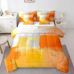 White Gray Orange Bedding 7-Piece Oil Painting Comforter Set,Ombre Gradient Bed in a Bag,with Flat Sheet and Fitted Sheet Graffiti Abstract Bedding Comforter Sets,