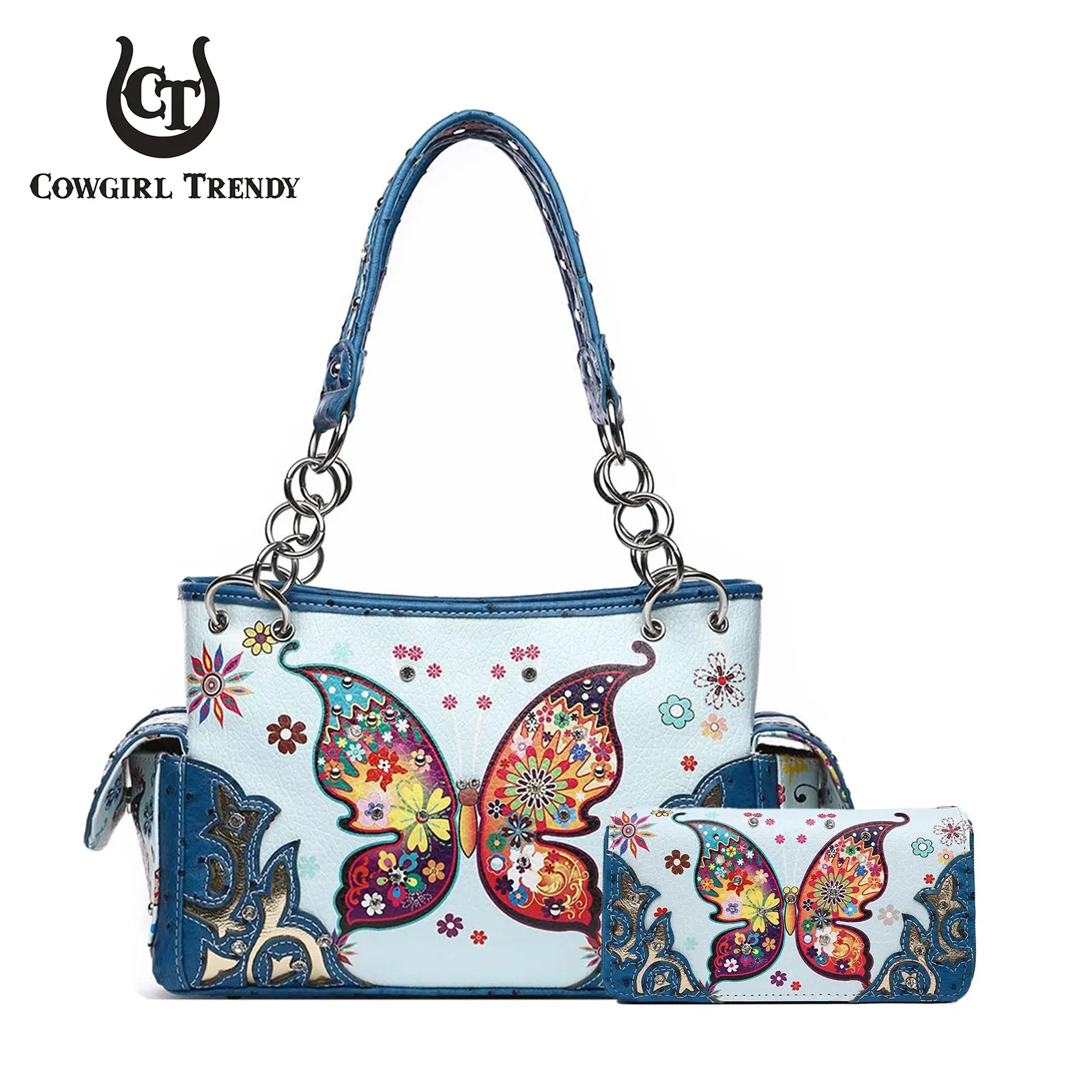 Women's 2-Piece Cowgirl Butterfly Design Handbag & Wallet Set - Cream Color, Floral Flowers Pattern, Chain Strap, Practical Daily Use
