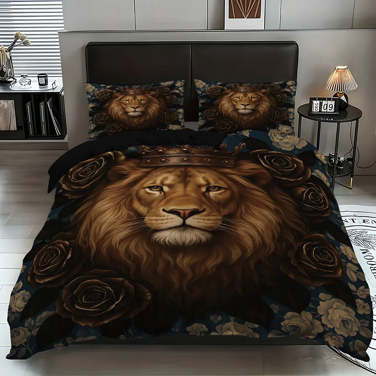 3-Piece Lion Print Bedding Set, Decorative Bedding Set, Printed Bedding Set, Bed Sets, Soft Comfortable Quilt Cover & Pillowcases, Fashion Design, All-Season Theme, Bedroom & Guest Room Decor