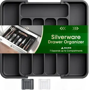 Silverware Organizer - Expandable Kitchen Drawer Organizer, Adjustable Utensil Organizer, Cutlery Tray for Forks, Knives, Multipurpose Kitchen Organizers and Storage Solution, Black, Medium