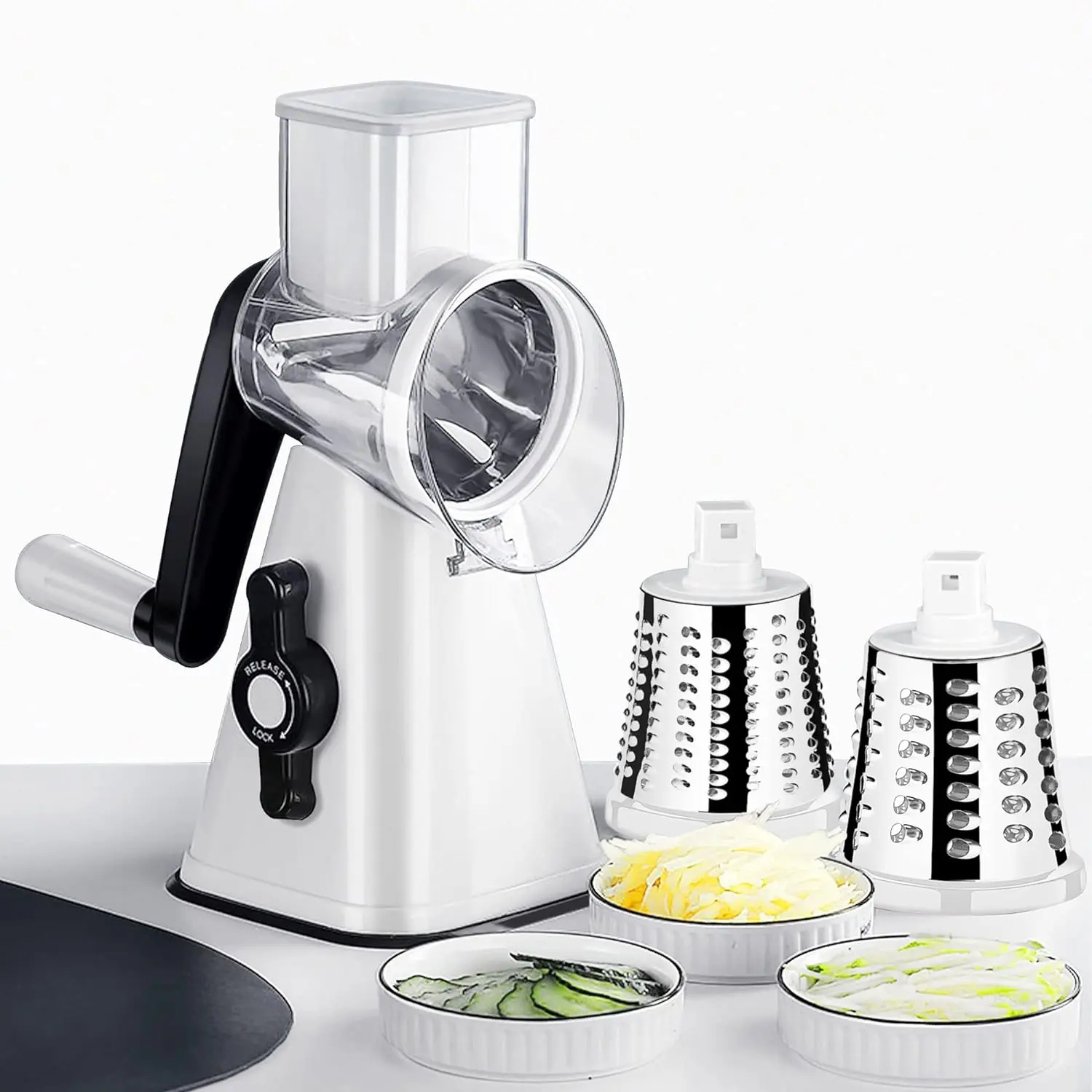 Rotary Cheese Grater,3 in 1 Multi-functional Mandoline Vegetable Shredder,Slicer, 3 Drum Blades in Set Kitchen Utensils  Stainless Steel