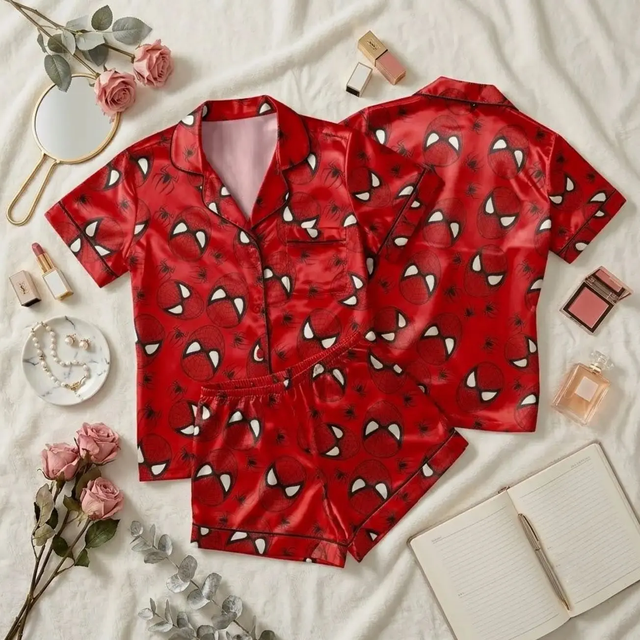 Web Hero Comic Pajama Set, Comic Book Inspired Button Sleepwear, Red Blue Lounge Set, Fun Gift for Adults