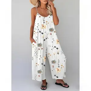 Women's Floral Print Spaghetti Strap Wide Leg Jumpsuit Loose Fit Sleeveless Romper with Pockets Casual Summer One Piece