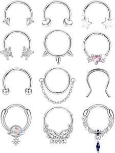 16G 10MM Septum Rings for Women Hypoallergenic Steel Septum Jewelry Heart Butterfly Nose Lip Piercing Hoop Nose Chain