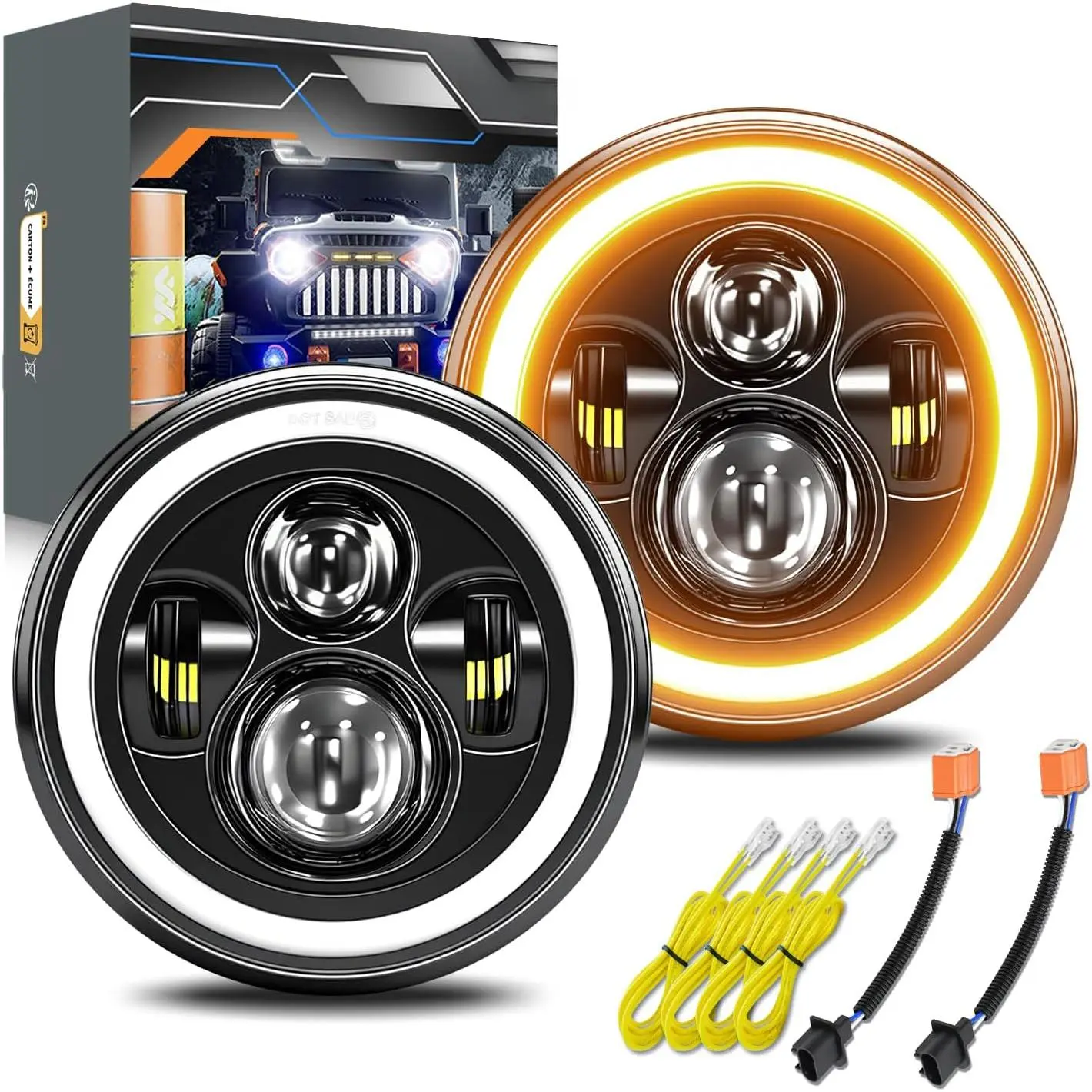7 in LED Headlight - Round H6024 High-Low Beam with Turn Signal DRL, CJ Car Luminous LED Lights for Jeep Wrangler, DOT Approved (Fits Chevy Ford Nissan Hummer), 7 Inch