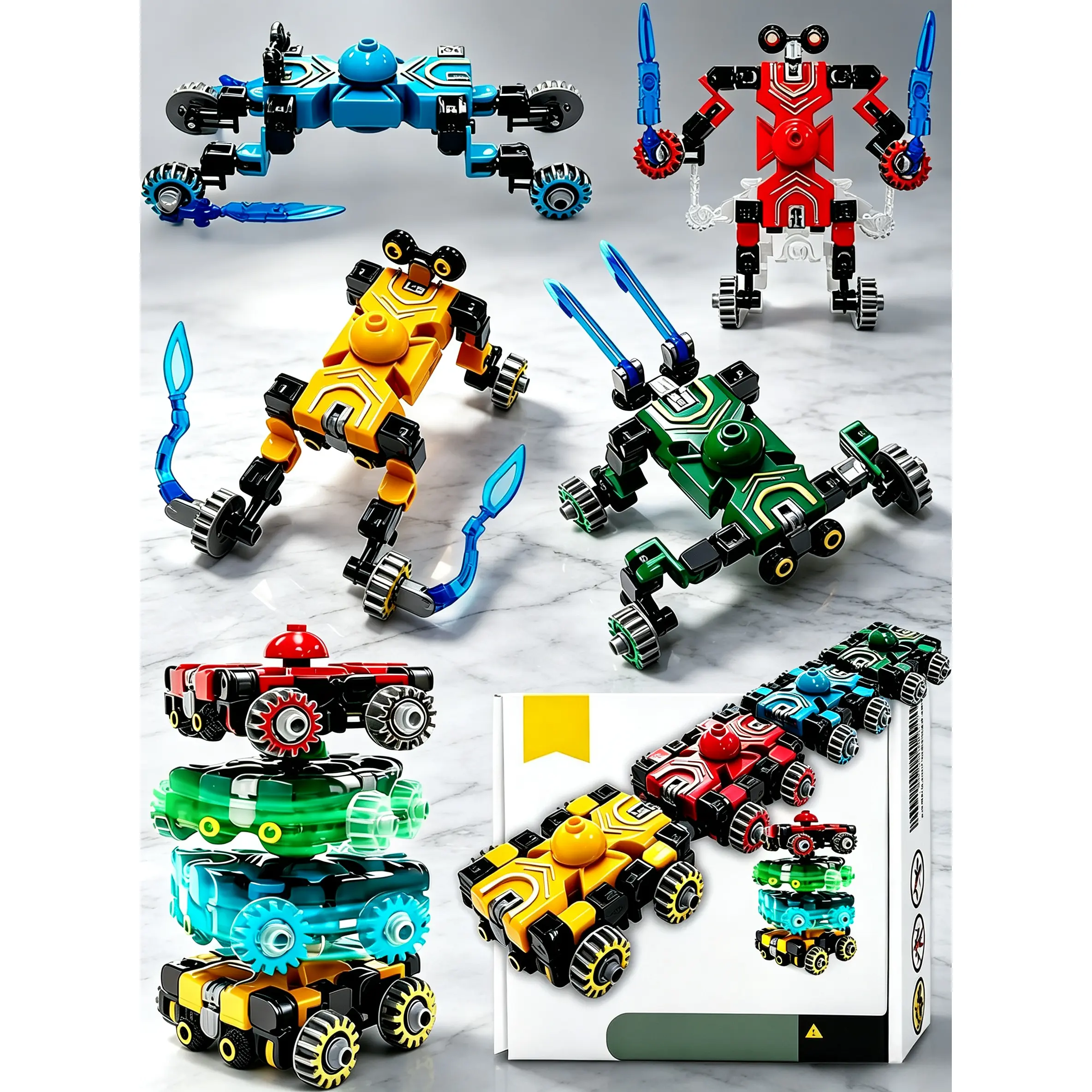 4 Pack Transformable Fidget Toy Set, Convertible Robot Car Fidget Spinners, Educational Stress Relief Sensory Toys, Portable Travel Road Trip Plaything, Kids Birthday Party Favor Gift with Storage Box