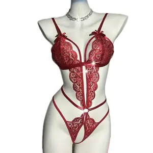 Teddy String Lingerie Sexy Deep Red Bodysuit with Bra and Pants, Womenswear Design