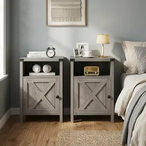 Set of 2 Grey Farmhouse Nightstands, Wooden Bedside Table with Storage Cabinet and Open Shelf, Modern Rustic Small End Side Table, Multifunctional Accent Furniture for Bedroom, Living Room, Home Decor