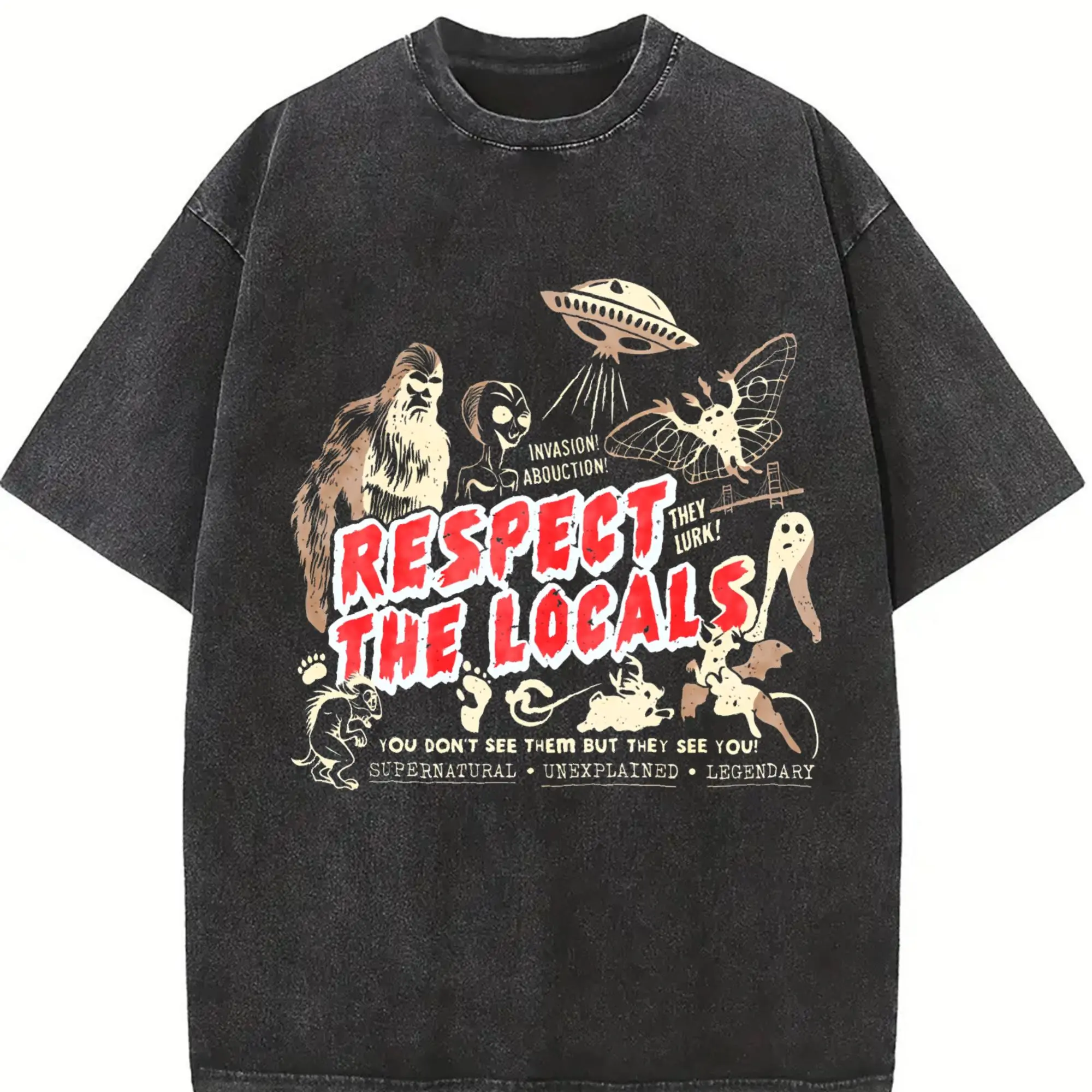 Unisex Respect The Locals Cryptids Folklure Funny Bigfoot Alien T-Shirt Casual Top