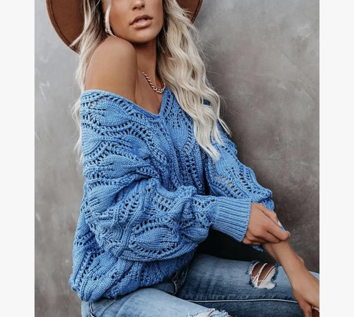 Stunning Blue Crochet Knit Ribbed Hem Hollow Out Jumper Top Casual Knitwear Sweater Women Womenswear Comfortable