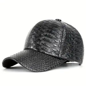 Premium Black Crocodile-Embossed Faux Leather Baseball Cap - Street Style Hip Hop Sun Protection Hat, Lightweight & Hand Washable