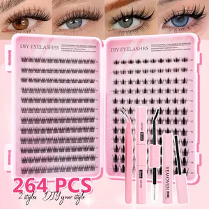264pcs Eyelash Extension Kit with Glue Tweezers Remover Cream CC Curl Mixed 10-20mm Large Capacity Home DIY Beginners Friendly Cosmetic Makeup Tool