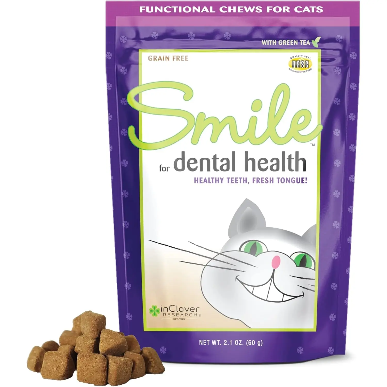 In Clover Smile Daily Dental Health Soft Chews for Cats, Support Healthy Teeth and Fresh Tongue with Catnip and Green Tea, Prebiotics, and Chlorophyll for Fresh Breath