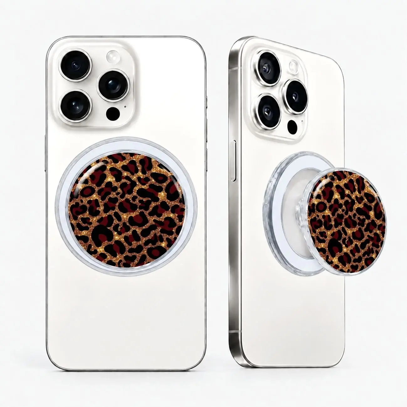 Leopard Print Magnetic Phone Grip, Sparkly Gold Cheetah Spots Design, Cute Aesthetic Collapsible Phone Holder for iPhone & Android