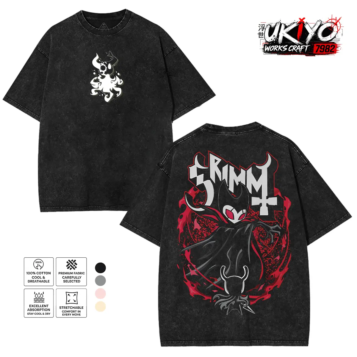 Hollow Knight Grimm T-Shirt Vintage Washed Black, Oversized Streetwear Graphic Tee for Men Women, Gothic Harajuku Aesthetic Shirt, Premium Heavyweight Cotton Retro Anime Top, Troupe Master Grimm Fan Art Apparel, Trendy Loose Fit Casual Wea