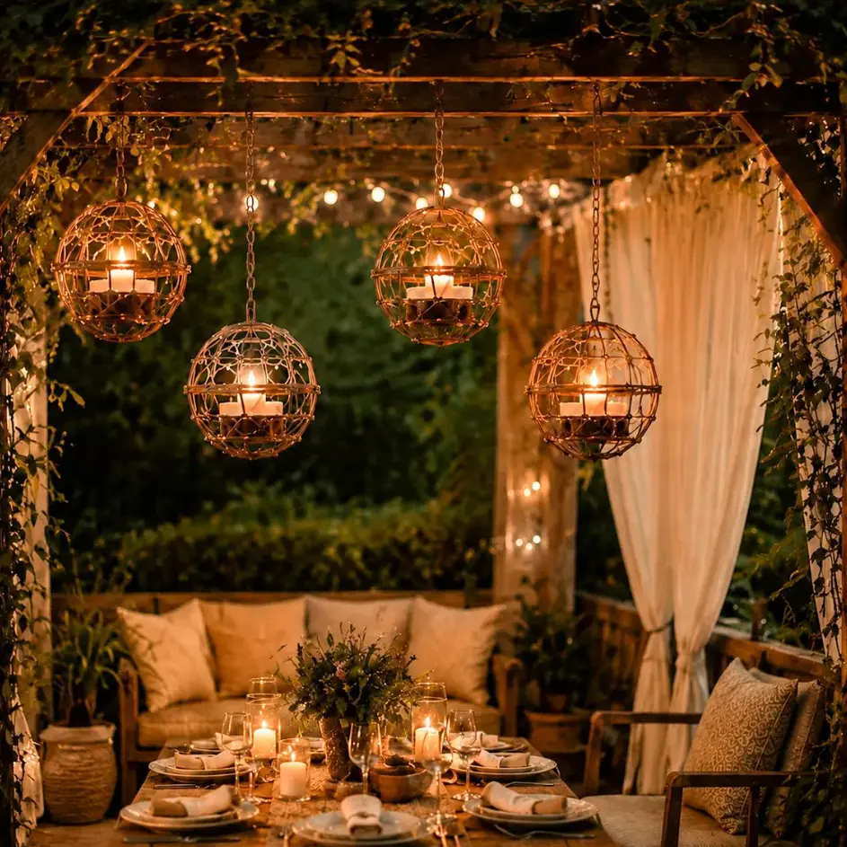 Solar Hanging Globe Candle Lanterns, Set of 4 Metal Wire Orb Lights with LED Candles and Chains, Waterproof Outdoor Ambiance Decor for Patio, Porch, Pergola, Garden, Yard, and Backyard Lighting 4pk Solar Hanging Lanterns Globe Pendant Lights for Garden
