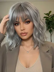 Fashion 14 Inch Women's Bobo Head Synthetic Fiber Wig, Natural Scalp Effect, Daily Wear Fashion Bangs, Medium Length