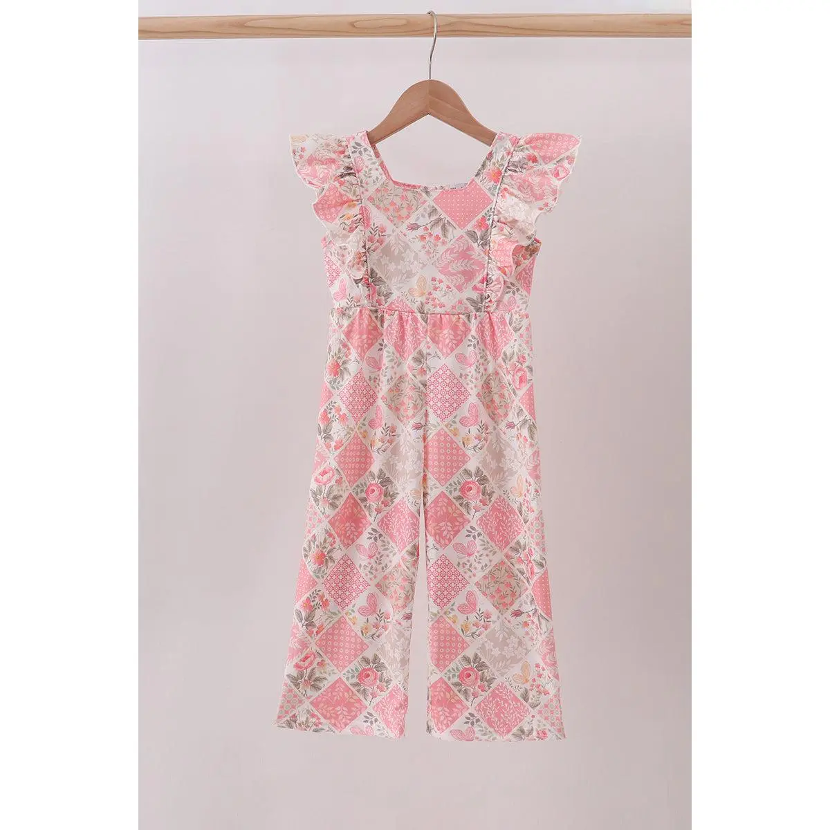 Pink floral checkered ruffle jumpsuit