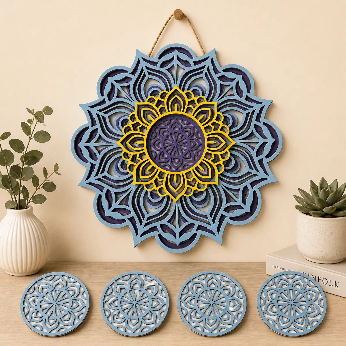 Layered Wood Mandala Wall Art & Coaster Gift Set